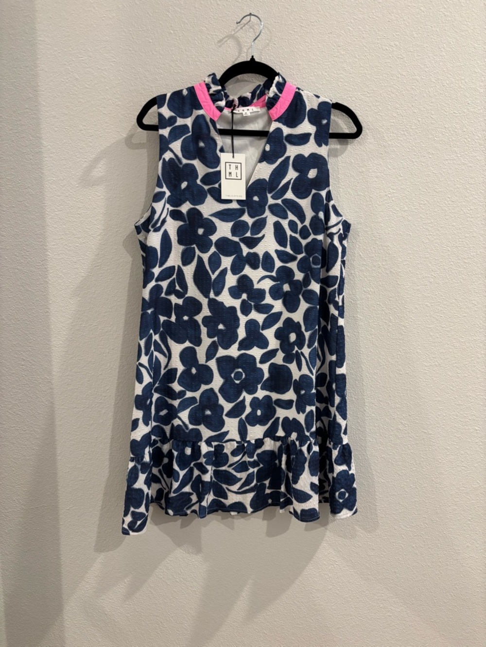 THML Navy Blue Floral-Print Shift Dress with Pink Trim